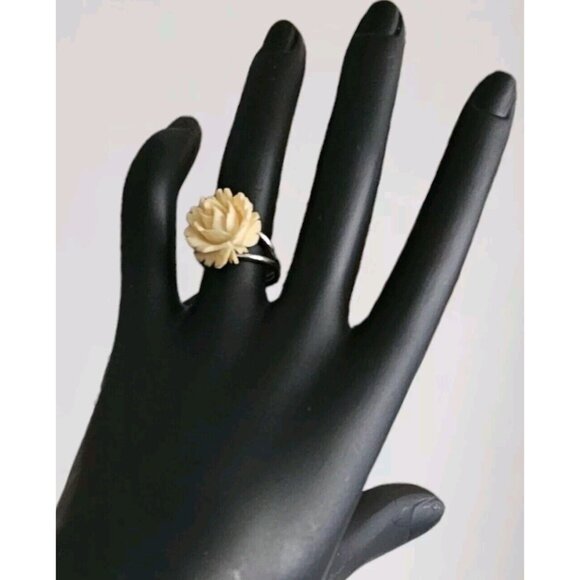 BEAU STERLING CREAM ROSE CELLULOID Ring VINTAGE ESTATE JEWELRY Size 6 RARE 925 - Picture 2 of 12